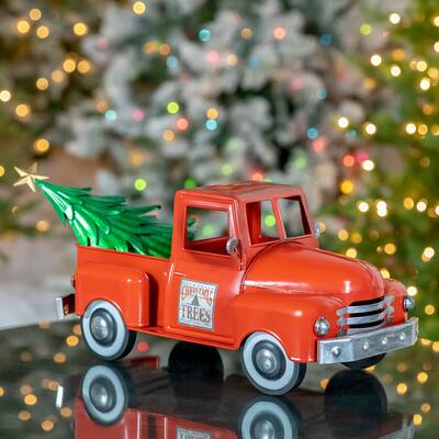 Iron Christmas Truck with Tree in Glossy Red - 21"x9"x9.25"