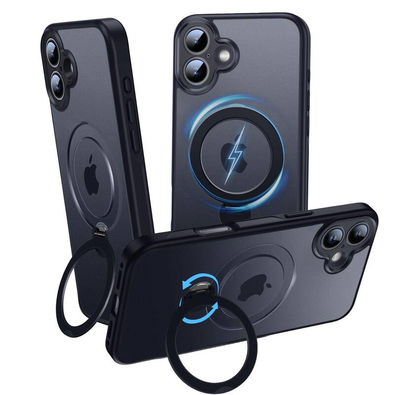 iPhone 16 360° Adjustable Stand Compatible with MagSafe, Translucent Cover with Magnetic Ring Case Non-Slip and Shockproof - Black