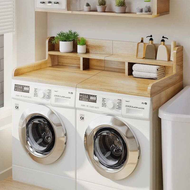 2-Tier Washer Dryer Countertop, 54" W x 27.5" D Laundry Countertop for Folding Clothes, Dual Storage & Edge Guard