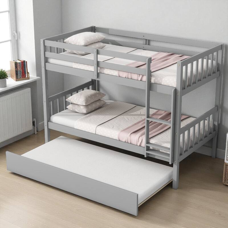 Twin Over Twin Rubber Wood Bunk Bed with Trundle, Convertible into Twin Beds, Ladder and Safety Guardrails