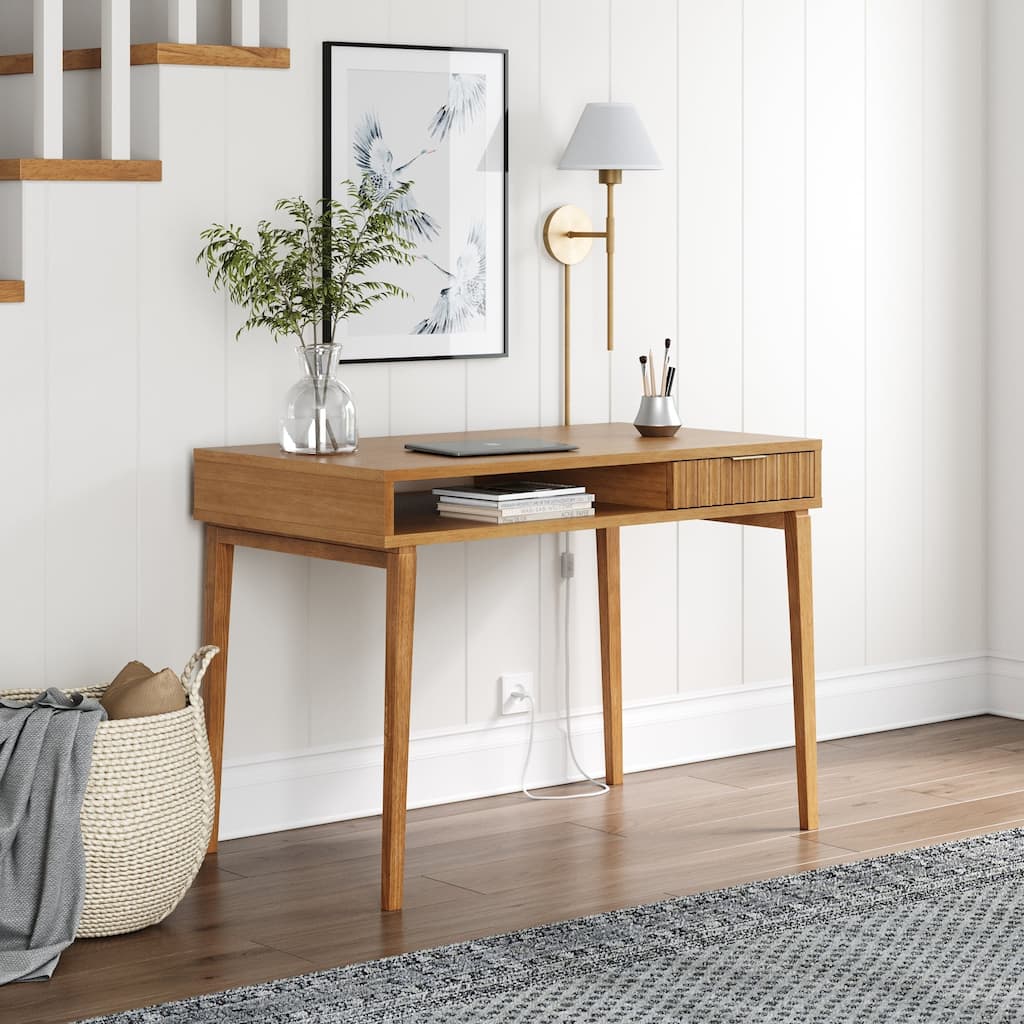 Jasper Small Home Office Desk with Storage, Bohemian Writing Desk with Drawer and Open Cubby