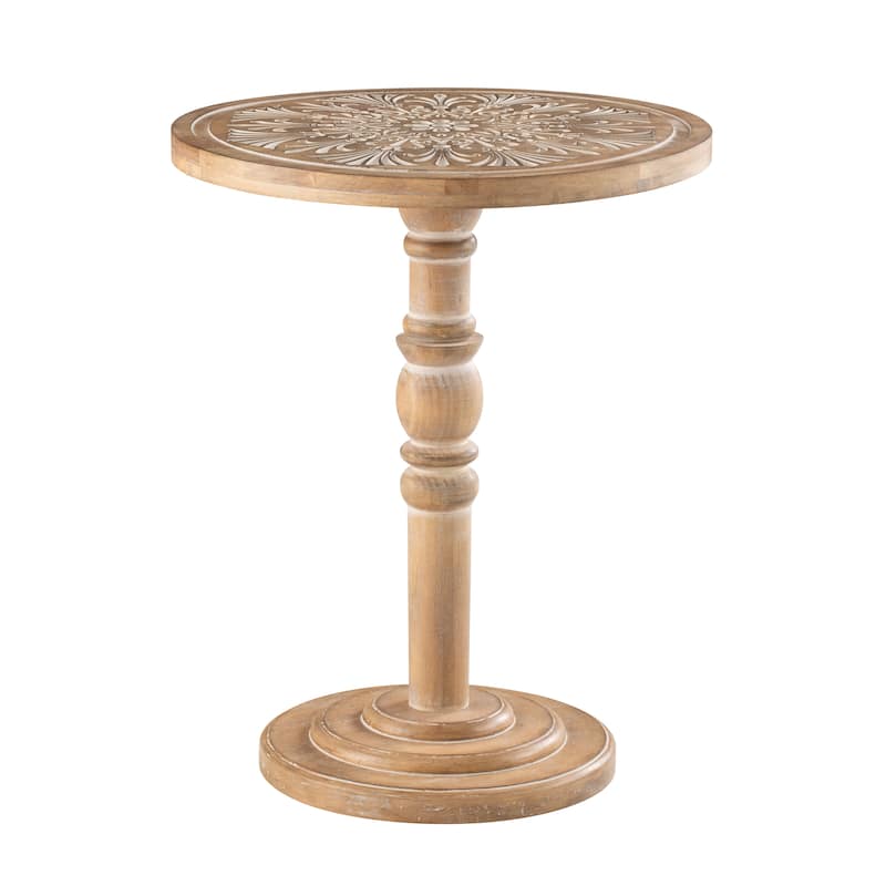 COZAYH Farmhouse Round Side Table with Carved Top, Rustic Pine Wood Pedestal Accent Table, Distressed Finish, Natural Wood