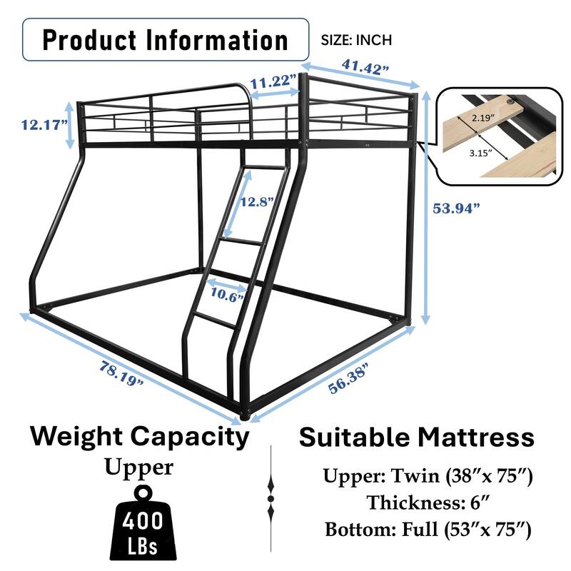 Sturdy Twin Over Full Bunk Bed with Safety Guardrails and Durable Metal Frame