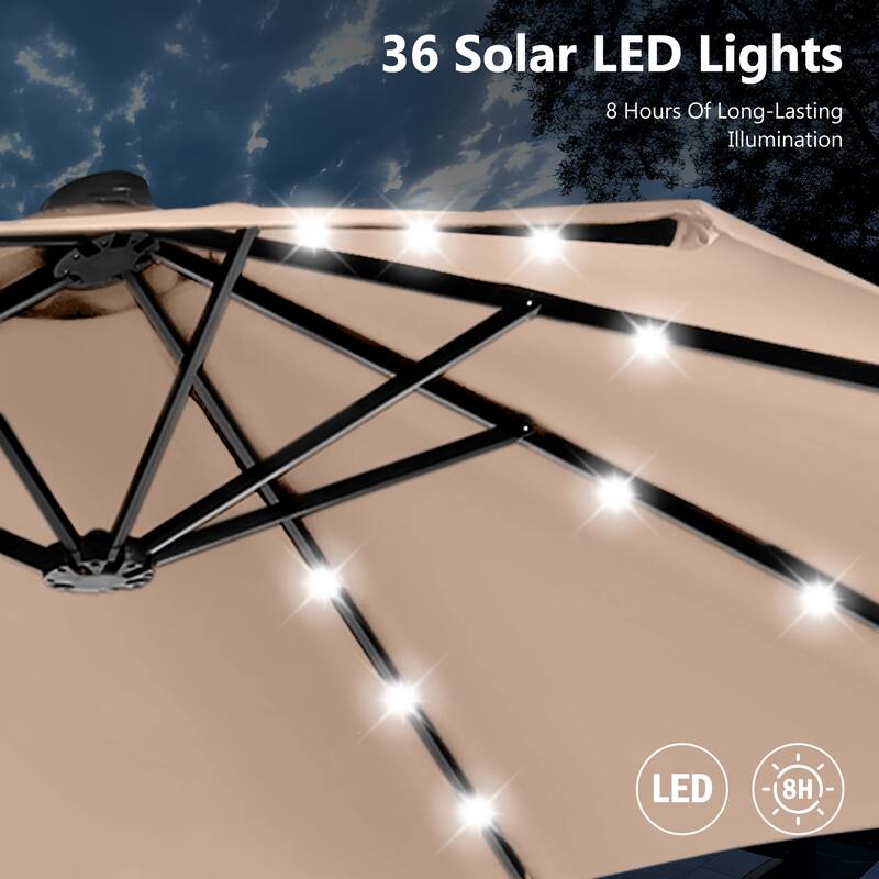 15ft Patio Umbrella Double-Sided Outdoor Extra Large Crank Lift Umbrella with Solar Led Lights and Base Included