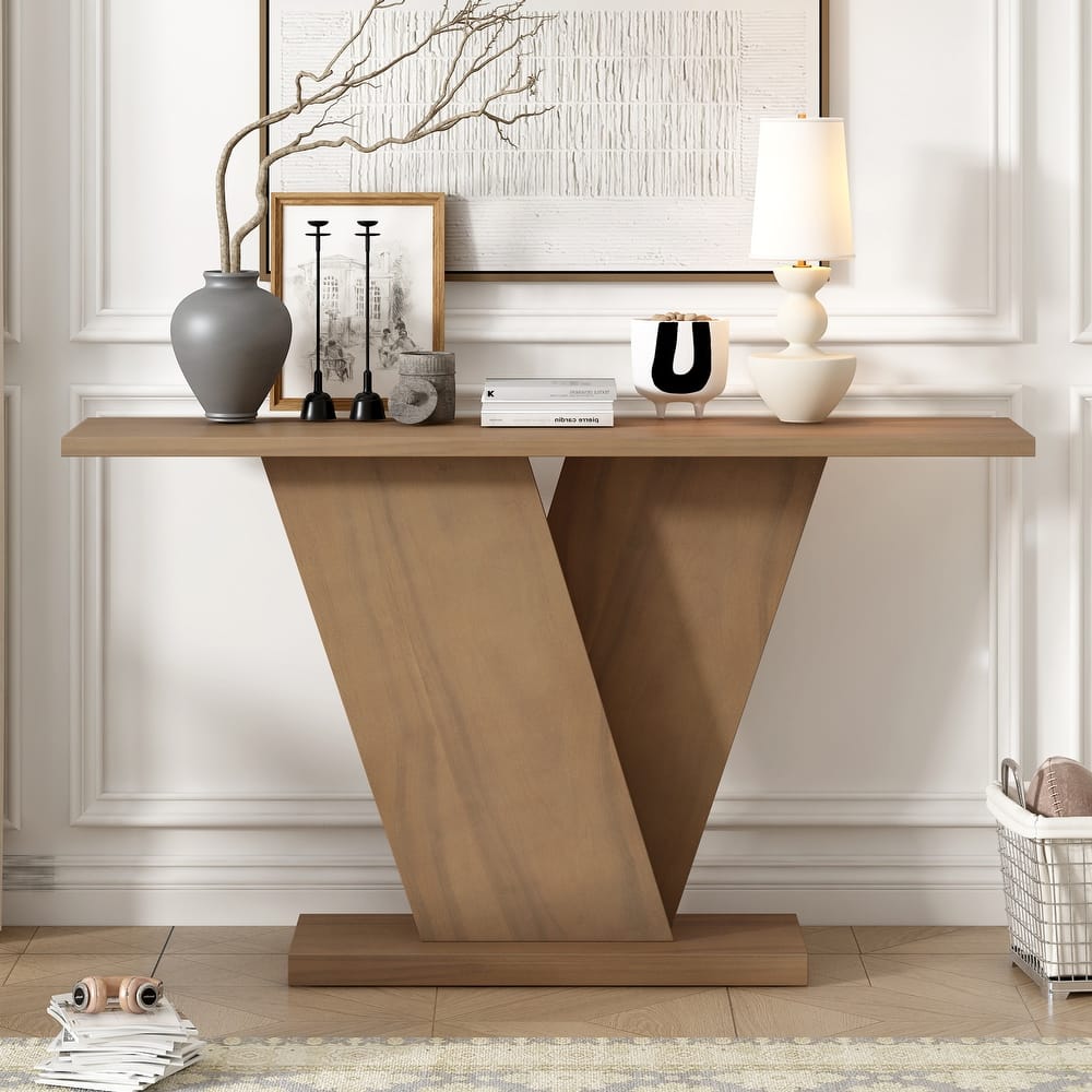 Roomfitters Modern Console Table with V-Base Design, Natural Wood Veneer, Entryway or Living Room Accent