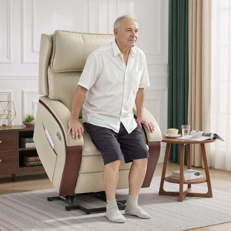 MCombo Recliner Chair Sofa with Adjustable Headrest, Solid Wood Armrest, Breathable Leather 7917