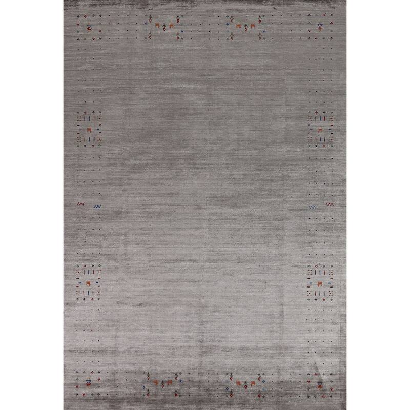 Hand Knotted Oriental Viscose Silk Carpet Tribal Animal Pictorial Greys & Charcoal Gabbeh Area Rug - 11' 6'' X 7' 11''
