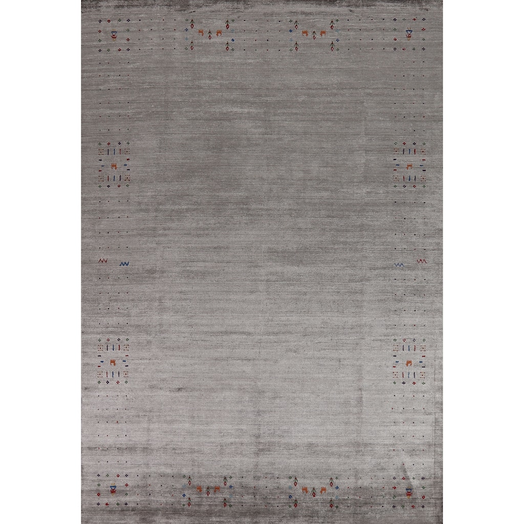 Hand Knotted Oriental Viscose Silk Carpet Tribal Animal Pictorial Greys & Charcoal Gabbeh Area Rug - 11' 6'' X 7' 11''