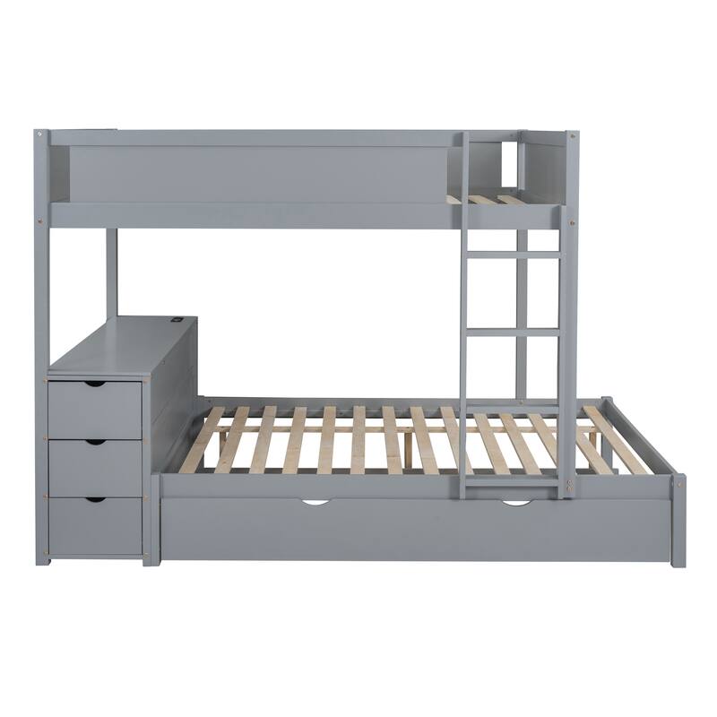 Full-Over-Full Bunk Bed with Twin Trundle, Storage, Desk, and USB Ports, Gray