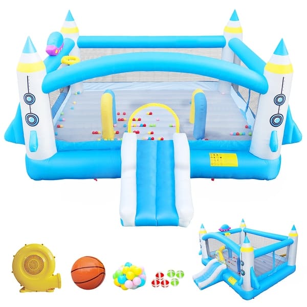 slide 2 of 5, Kids Inflatable Bounce House With Long Slide Bouncing Area Basketball Hoop Family Backyard Bouncy Castle - Colorful Colorful