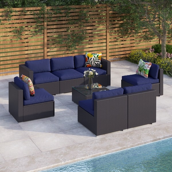 slide 2 of 14, Outdoor Rattan Wicker 8-piece Patio Furniture Sectional Sofa Conversation Set - 8-Pieces Sets Blue