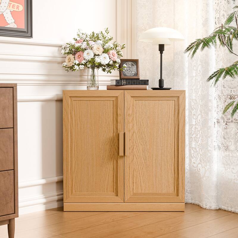 31"H Corner Sideboard Cabinet Free-Standing Corner Storage Organizer - Natural Wood Color