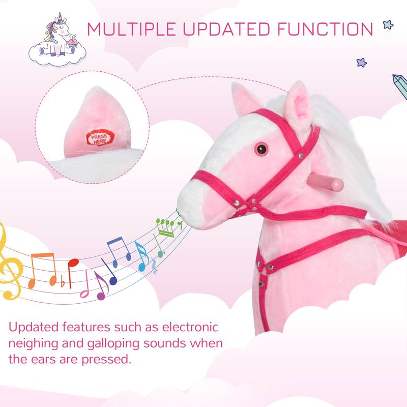 Pink-White Rocking Horse for Kids with Sound Effects Soft Seat and Wooden Frame - 30.75" L x 11" W x 26.75" H