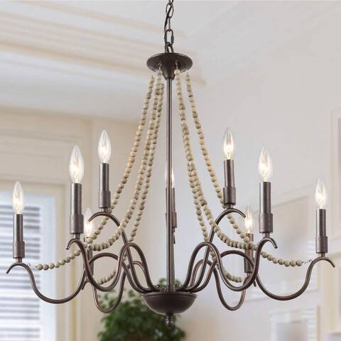 The Gray Barn Windy 9-Light Wood Beaded French Country Chandelier for Dininig Room - D28"xH25.5"