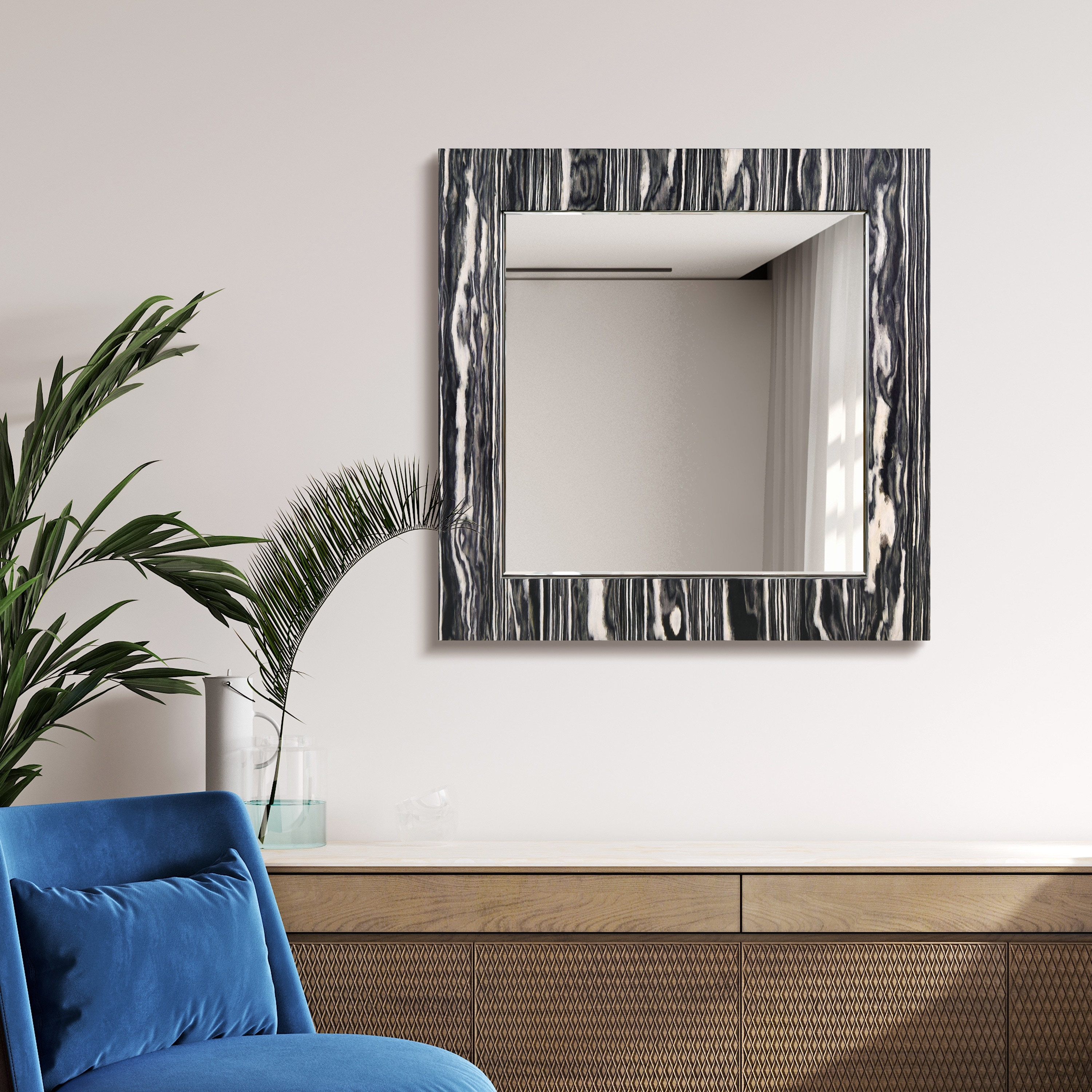 Zebra Elegance Wall Mirror, 32"x32" Square Mirror on an Exotica Stained Veneer Frame - 32"x 32"x1.6"