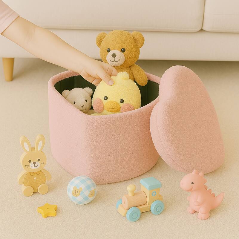 Pink Heart Soft Teddy Boucle Storage Ottoman Foot Stool with Tray Lid