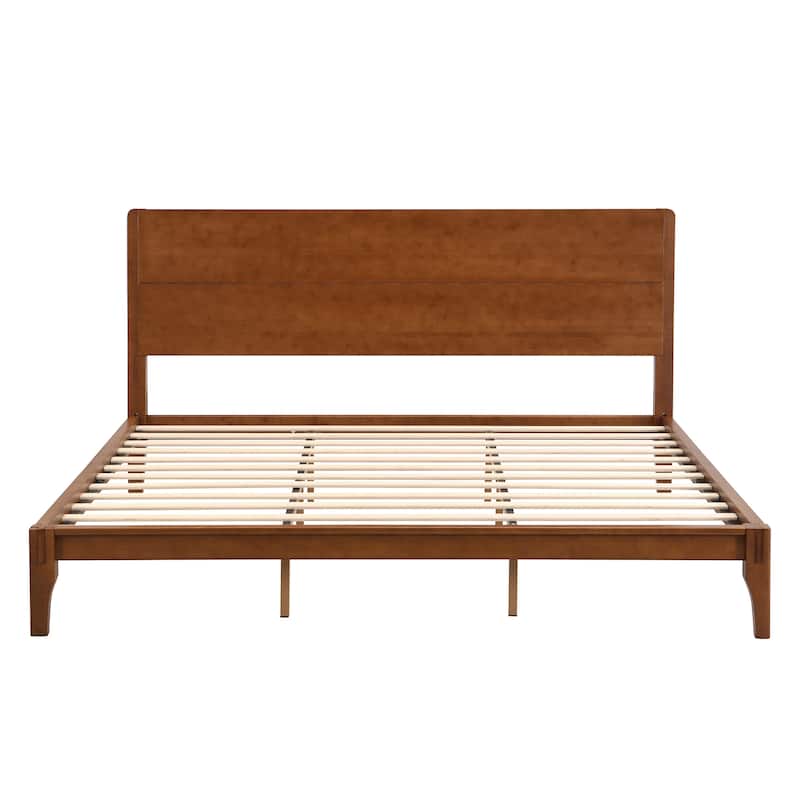 Full/Queen/King Bamboo Platform Bed, Mid-Century Modern Bed Frame with Tall Headboard, Wood Slat Support, No Box Spring Needed