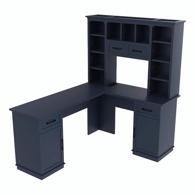 L-Shaped Computer Desk with 2 Cabinets, 2 Drawers, 11 Open Shelves and a Flip-Up Shelf with Storage on the Right Side