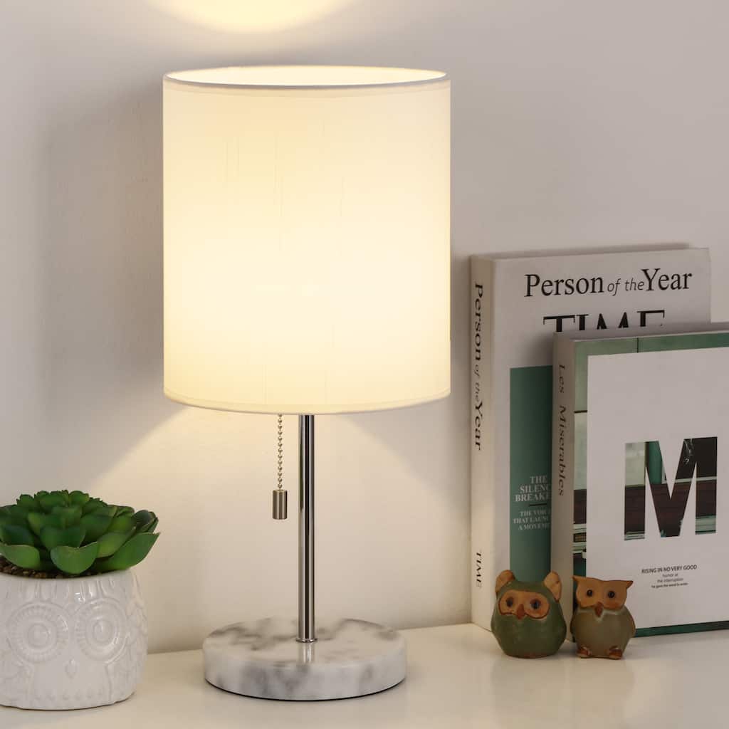 Bedside Table Lamp - Small Nightstand Lamp with Marble Base & Fabric Shade
