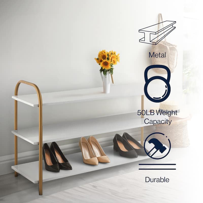 happimess Modern 24" 9-Pair 3-Tier Iron Curved Decker Shoe Rack