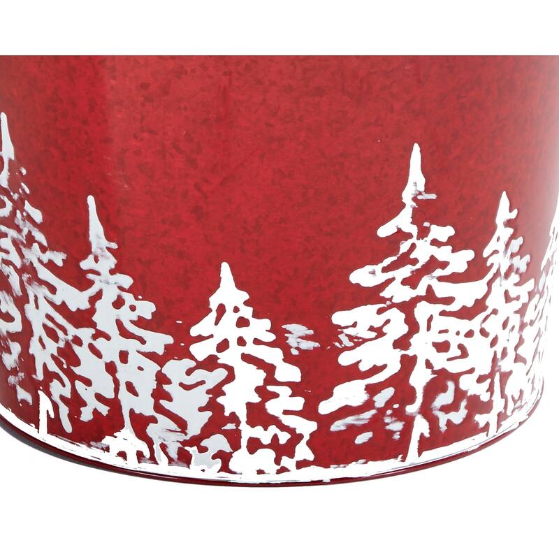 Red Galvanized Metal Christmas Planter Bucket with Tree Design, 7.5" Height, 7" Diameter, Set of 2 - 7.5