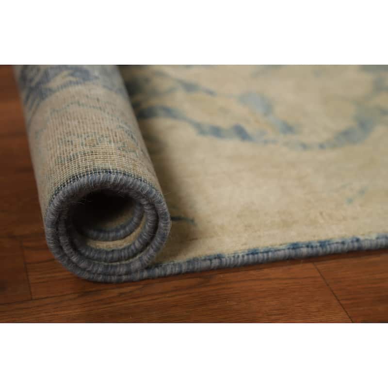 Blue Oushak Turkish Runner Rug Handmade Vegetable Dye Wool Carpet - 3'0"x 10'0"