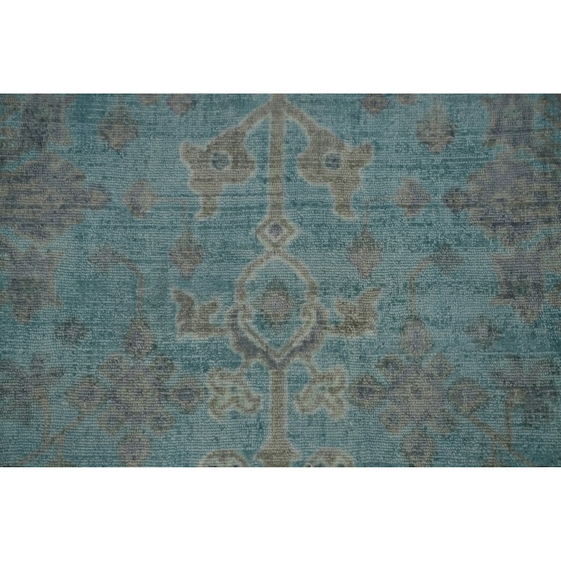 Hand-knotted Transitional Silk Carpet Blue Oushak Rug Floral Oriental Area Rug - 8' 0'' X 5' 0''