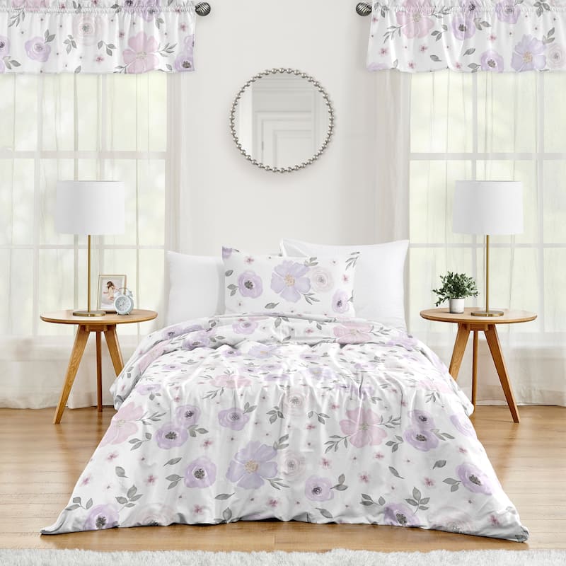 Sweet Jojo Designs Lavender Purple Pink Grey White Shabby Chic Watercolor Floral Collection Girl 2-piece Twin-size Comforter Set