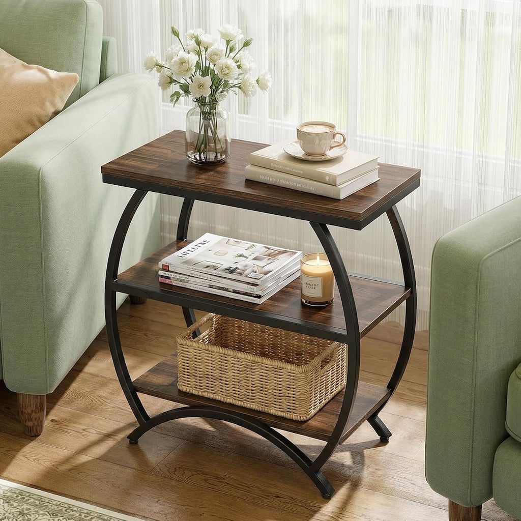 Narrow End Table with 3-Tier Storage Shelves, Couch Side Table with Metal Frame for Living Room, Small Bedside Nightstand