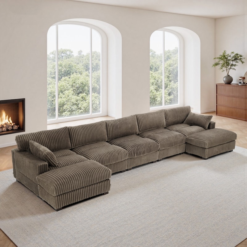 Modern Oversized Plush Corduroy Modular Sectional Sofa with 2 Ottomans