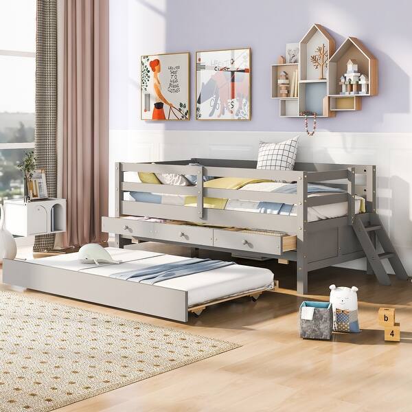 slide 2 of 8, Multifunctional Twin Low Loft Bed with Full Safety Rails, Drawers, and Trundle Gray