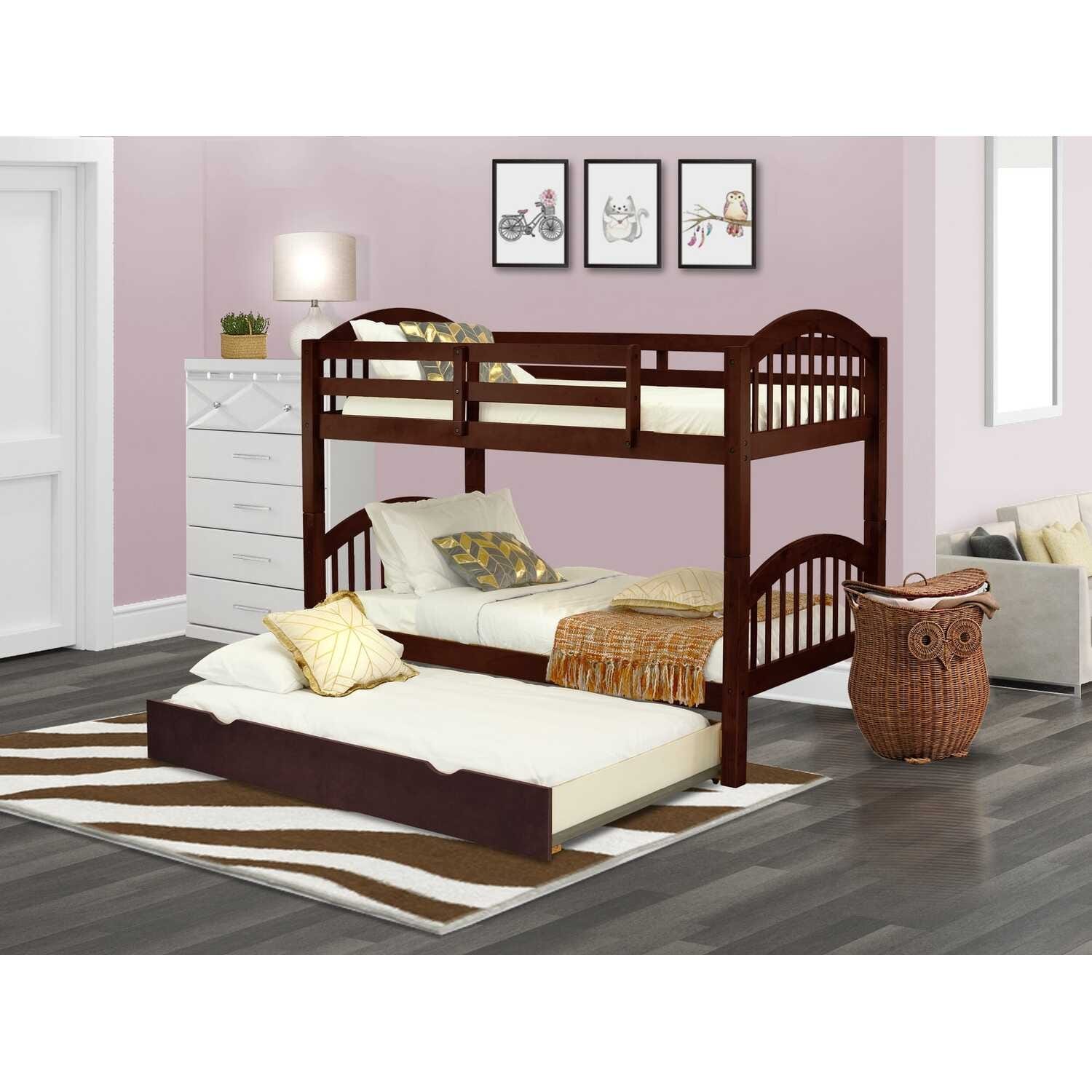 Twin Bunk Bed with Trundle & Drawer - Solid Wood, Java Finish - Space Saving Kids Bedroom Furniture