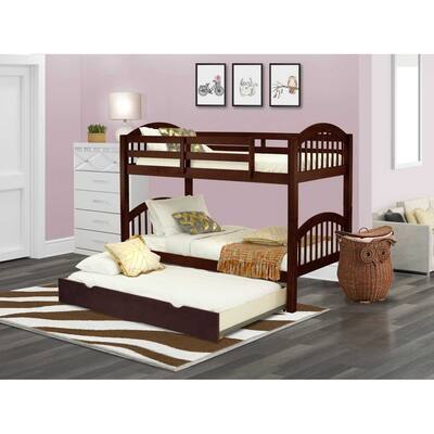 Twin Bunk Bed with Trundle & Drawer - Solid Wood, Java Finish - Space Saving Kids Bedroom Furniture