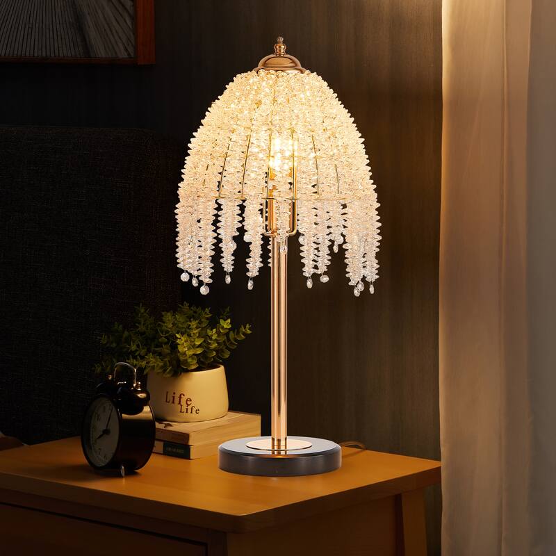 19"(H) Elegant Crystal Table Lamp - Vintage Waterfall Design with Crystal Bead String Shades and Marble Textured Base