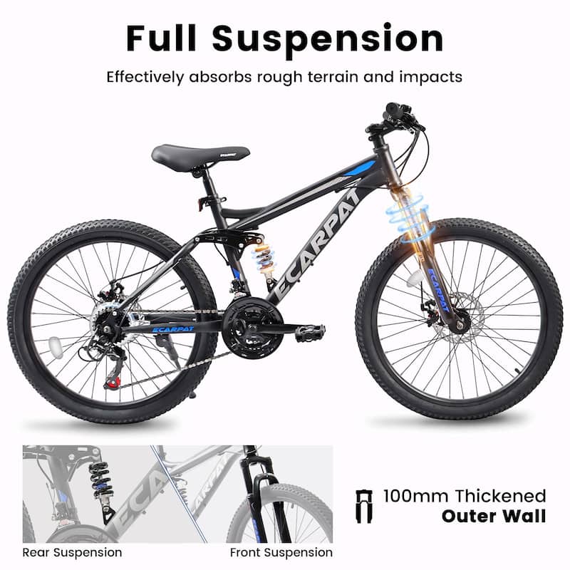 4" Mountain Bike - Full Suspension, 21-Speed Shifter with Gear Indicator, High Carbon Steel Frame