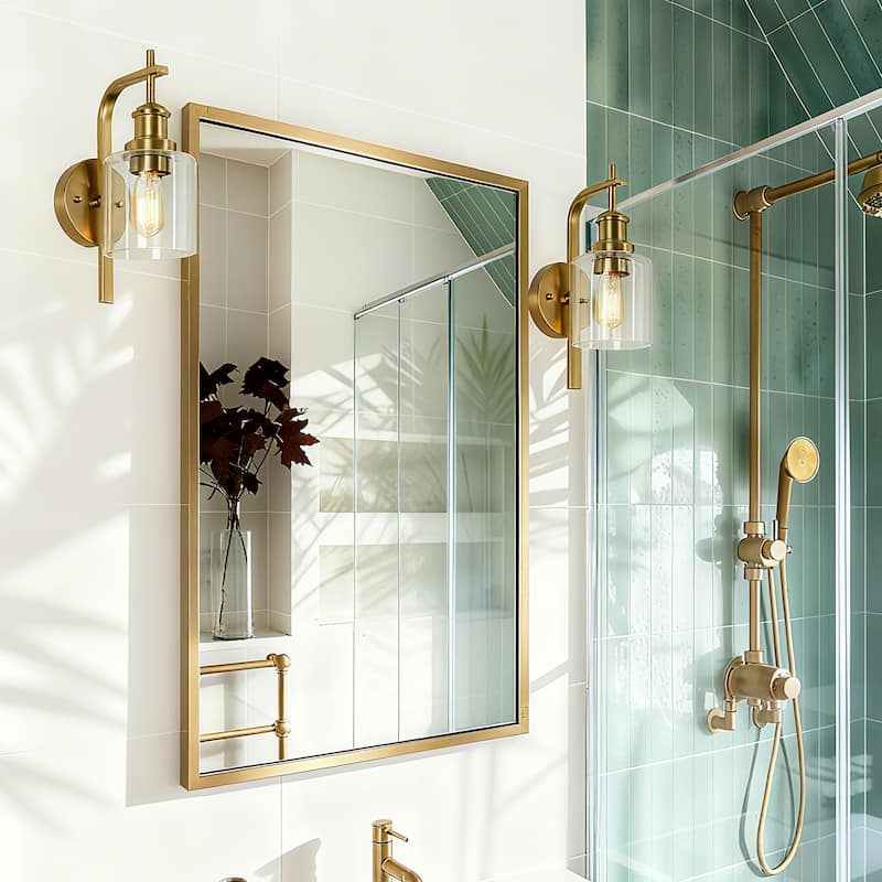 Oriva Modern 1-Light Gold Wall Sconce Cylinder Glass Bathroom Vanity Light - Brushed Electroplated Copper - W4.5"xD7.5"xH12.5"