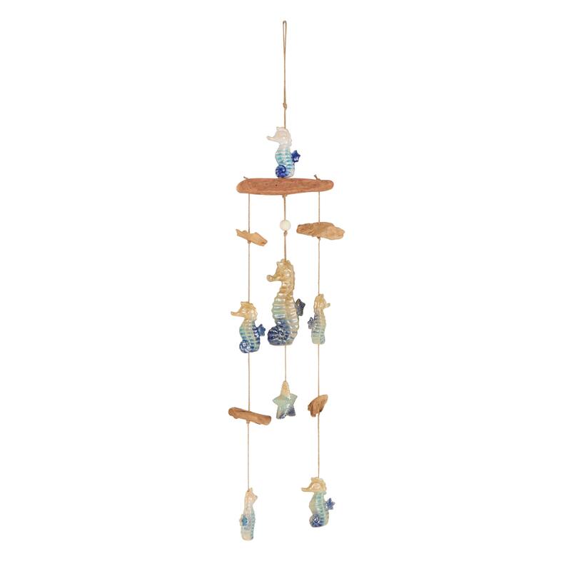 Blue Ceramic Ombre Starfish Windchime with Driftwood and Hanging Starfish Accents