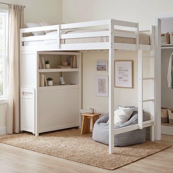 slide 2 of 11, Furniture of America Elyra Modern Twin White Solid Pinewood Loft Bed with 3-Drawer Cabinet White