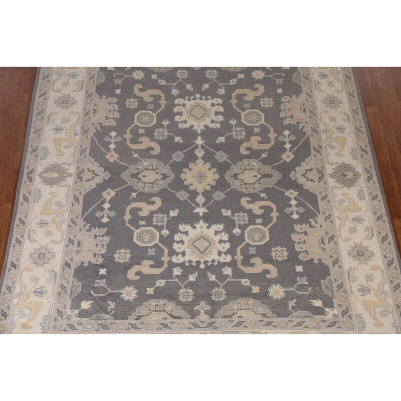 Gray Geometric Oushak Indian Area Rug Handmade Wool Carpet - 8'1" x 9'11"