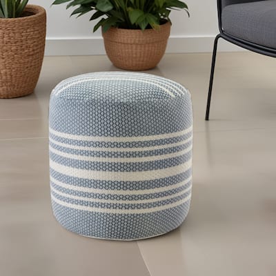 20" Blue Polyester Round Striped Indoor Outdoor Pouf Ottoman