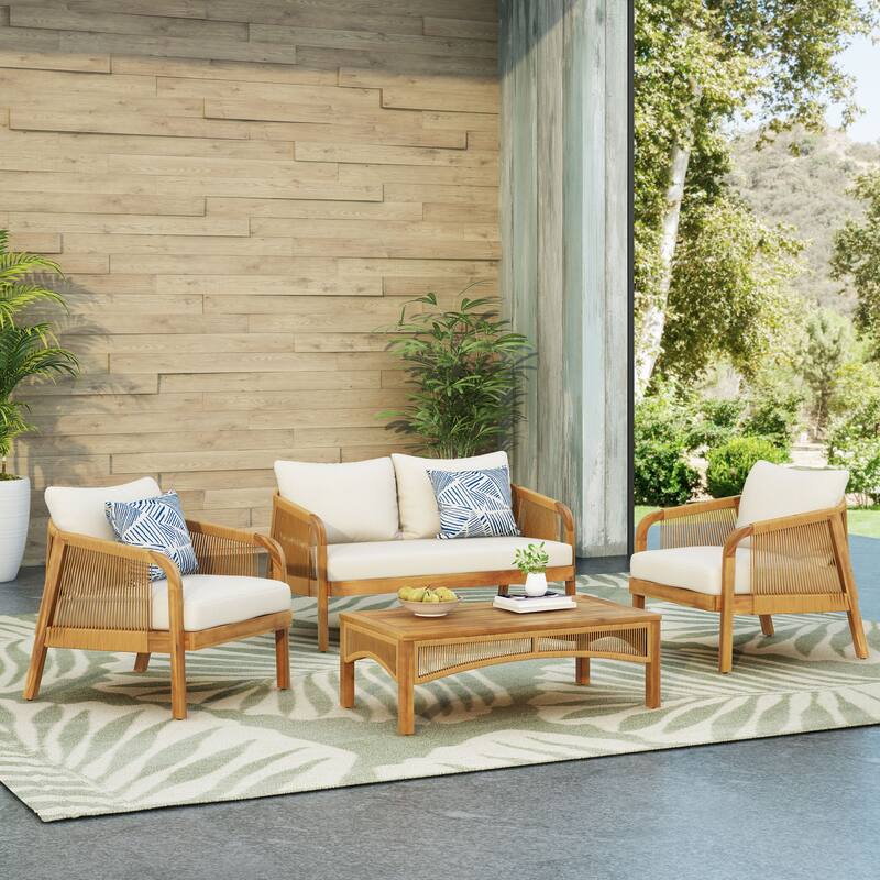 4-Pieces Acacia Wood Patio Furniture Set w/ Coffee Table Conversation Set for Garden, Backyard Porch Balcony