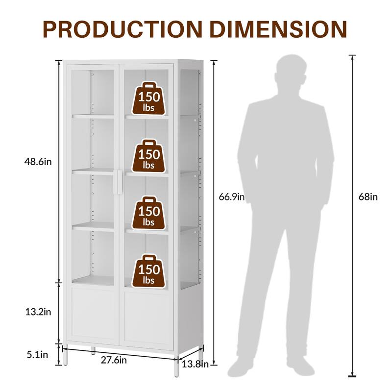 5-Tier Tempered Glass Curio Display Cabinet with Adjustable Shelves and 13 Color Lights - 66.9"H x 27.6"W x 13.8"D