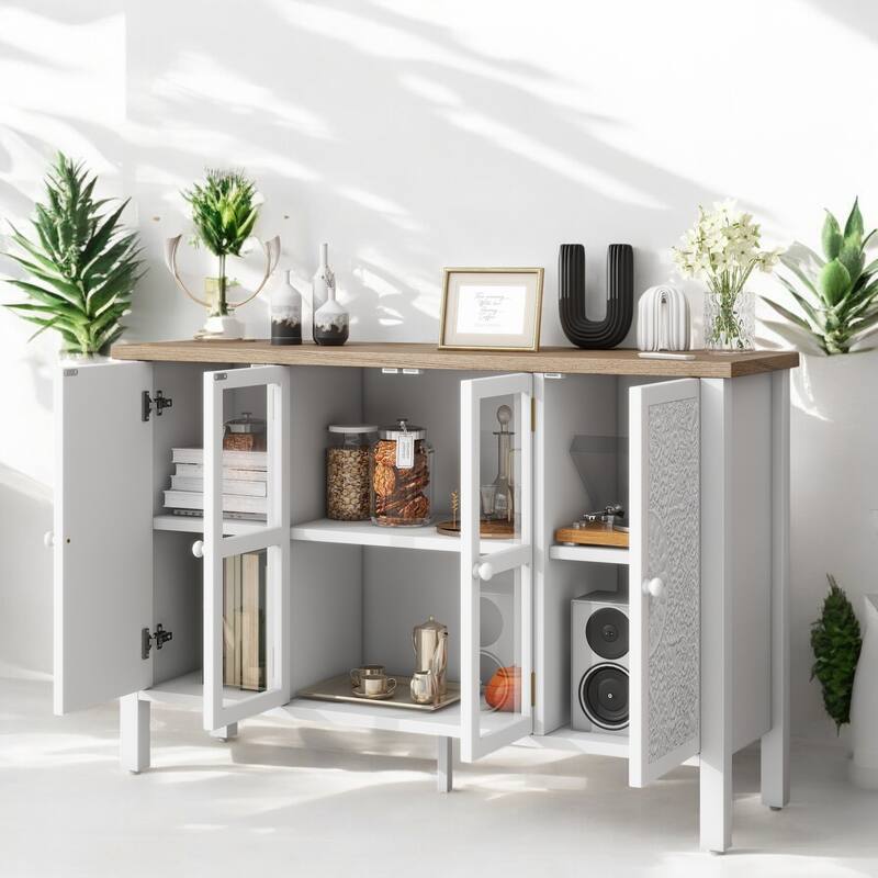 47.2" Retro TV Stand for TVs up to 43 Inches, Media Console with Glass Cabinet Doors, 3 Spacious Cabinets, Adjustable Shelves
