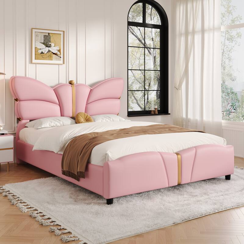 Full Size Upholstered Bed Frame, with Butterfly Shaped Headboard and Footboard, Platform Bed Frame with Gold Metal decorations