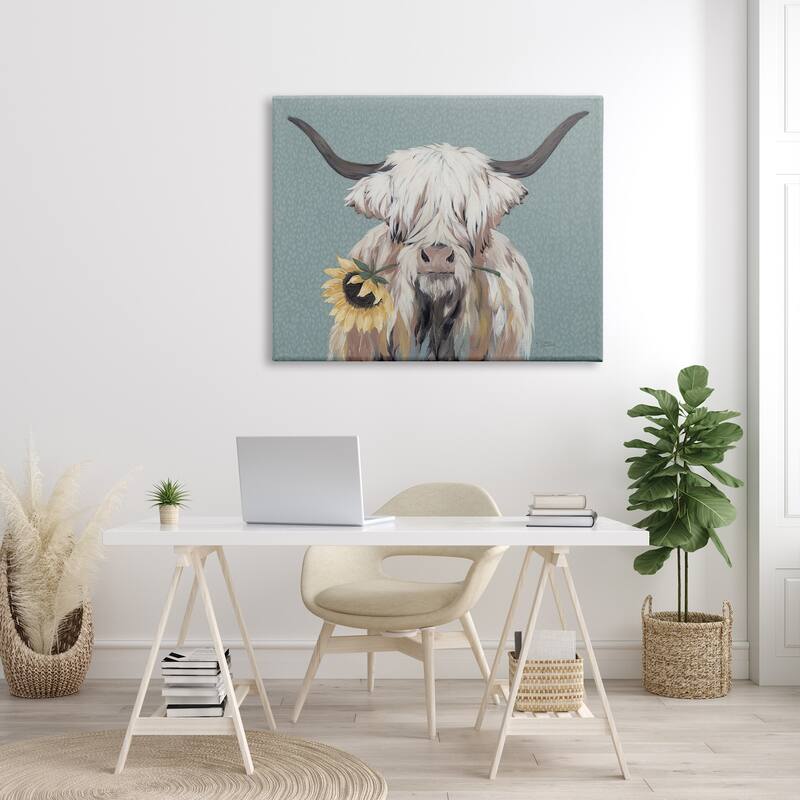Stupell Highland Cattle Biting Sunflower Bloom Stretched Canvas Wall Art, Design by Michele Norman