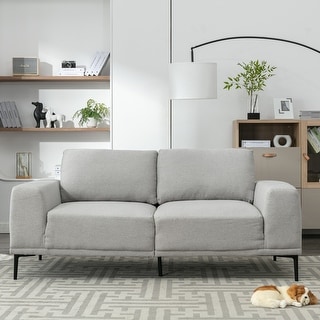 Square Arm Loveseat Sofa Light Gray Linen Accent Loveseat Couch