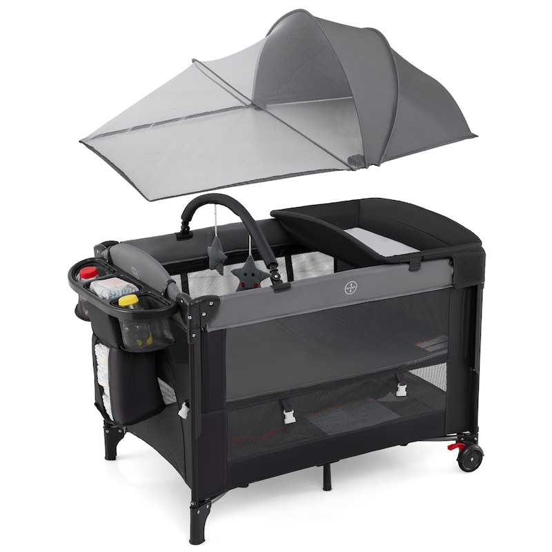 Multifunctional Kids Bassinets with Crib, Changing Table and Playpen - 39.5" L x 27.5" W x 28.5" H - Gray