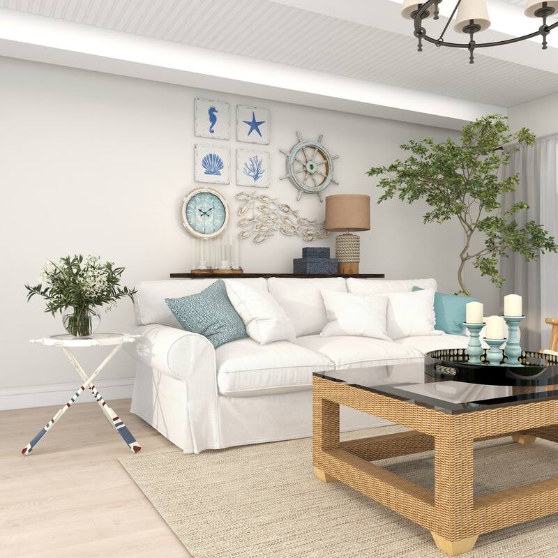 White Metal Ship Wheel Top Accent Table with Oar Shaped Legs