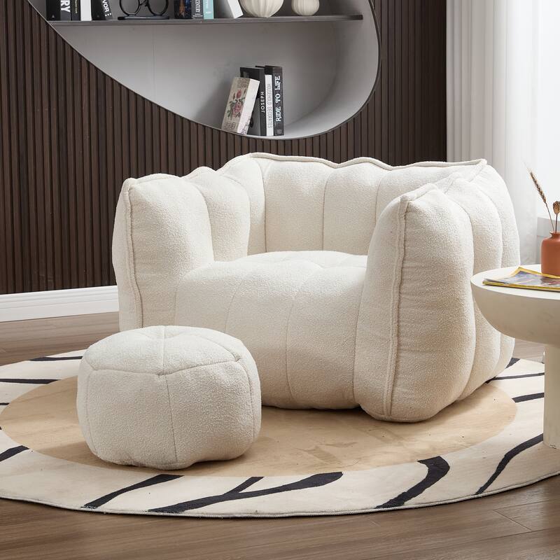 Extra-Large Chenille Bean Bag Chair with Footstool, Comfy Bean Bag Sofa for Adults, High Resilient Foam Square Lazy Sofa