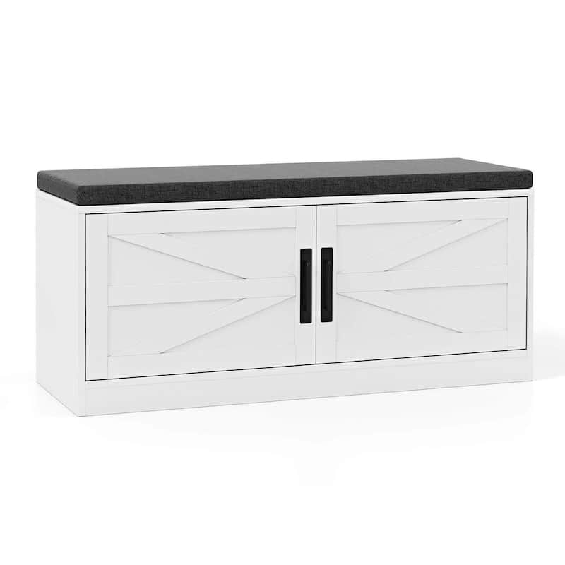 Costway Shoe Bench Farmhouse Shoe Rack Organizer with Cushion 2 Doors - See Details - White+Gray - See Details